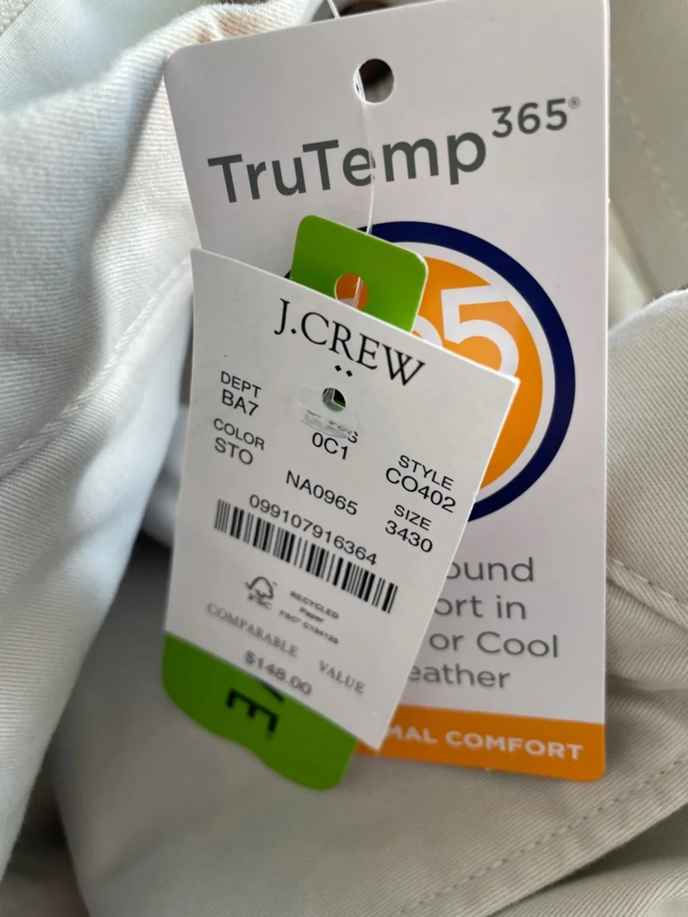 J. Crew Men's Slim Fit TruTemp365 Chino Pant in Stone 34x30 Style CO402‎